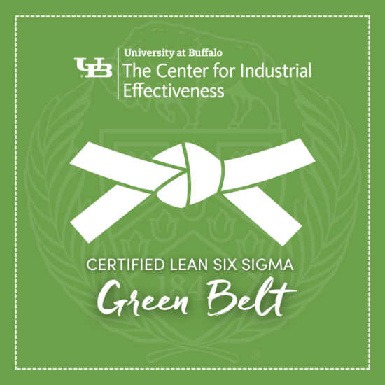 UB TCIE logo with UB Crest background and belt shape, featuring text "Certified Lean Six Sigma Green Belt"