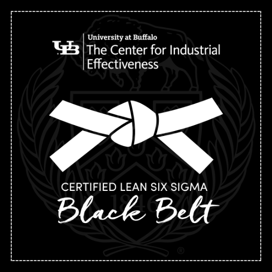 UB TCIE logo with UB Crest background and belt shape, featuring text "Certified Lean Six Sigma Black Belt"